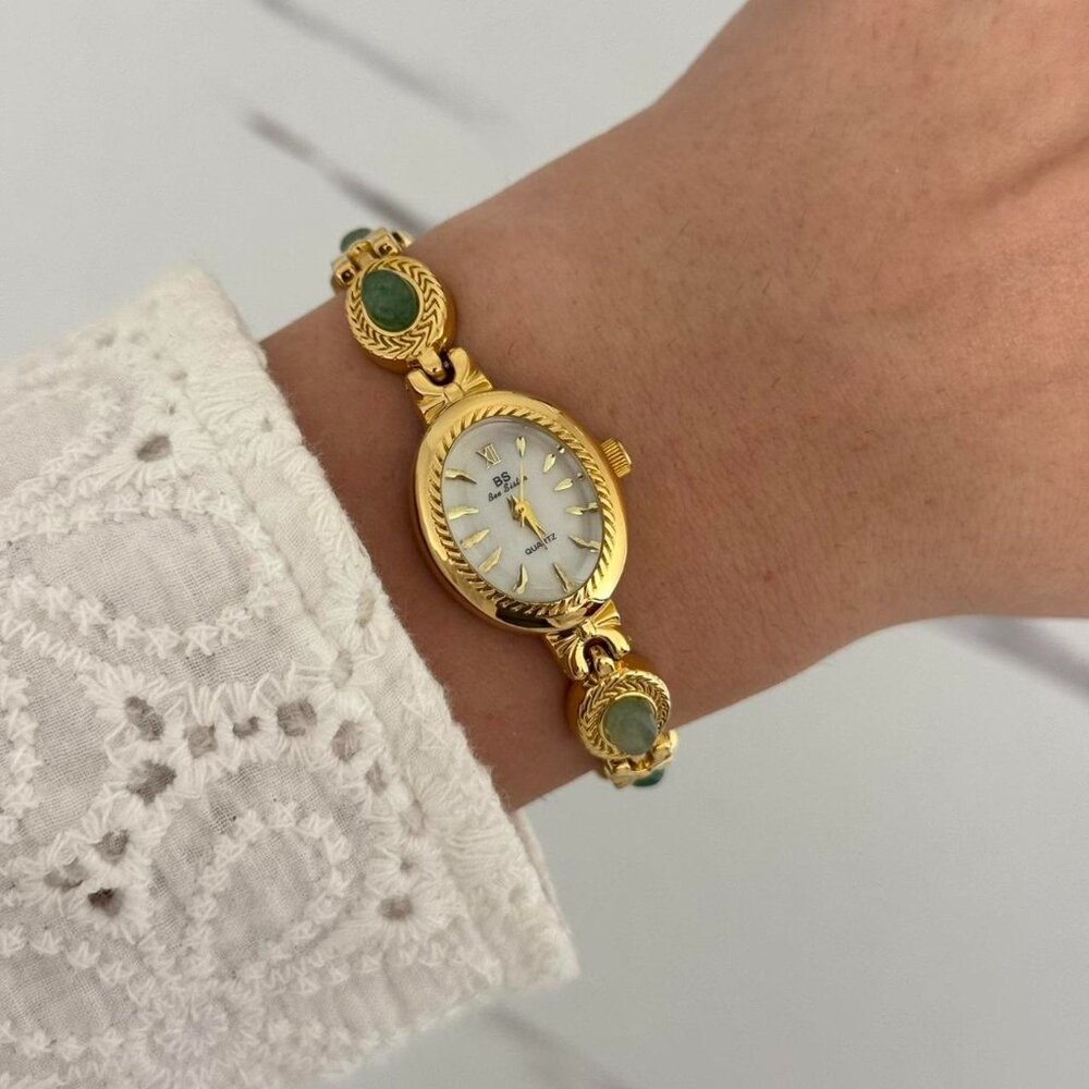 SKU:0018 Gold white mini Watch with green natural stones + in a gift box‎